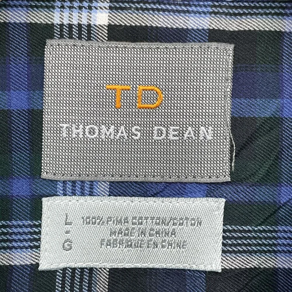 Thomas Dean Mens Large Blue Check Print Pima Cotton‎ Button Up Shirt Long Sleeve